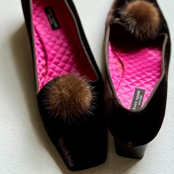 kate spade Shoes - Kate Spade New York 9.5M Tryst Brown Velvet with Fur Pom Poms Square Toe Pumps